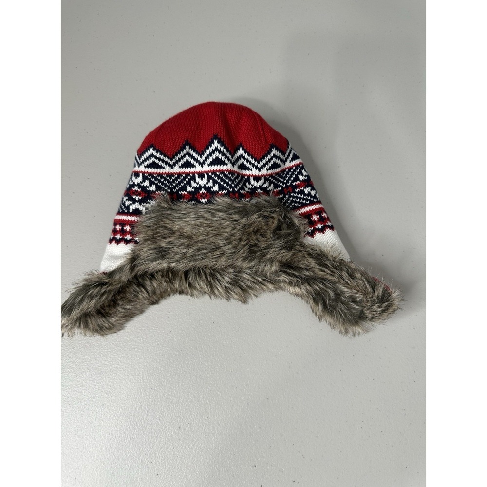 Janie and Jack Faux Fur Lined Hat Ear Flap Red Navy Boys Nordic Fair Isle 2T 3T